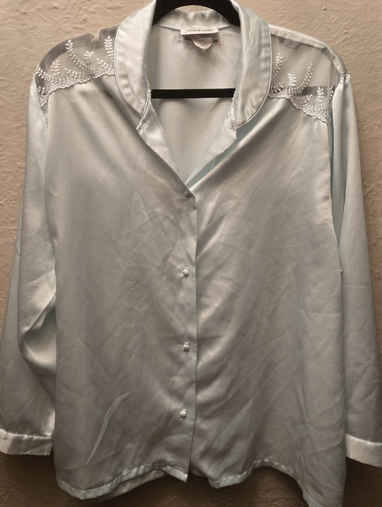 Vintage Tops - Vintage Satin Blouse Lace Sheer Shoulder Blue Cottagecore Romantic Top L XL